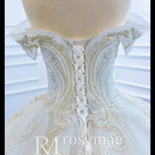 Vintage Off the Shoulder Tiered Ball Gown Wedding Dress - Rosymae