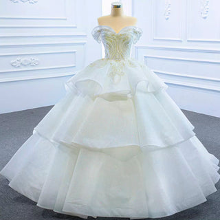 Vintage Off the Shoulder Tiered Ball Gown Wedding Dress - Rosymae