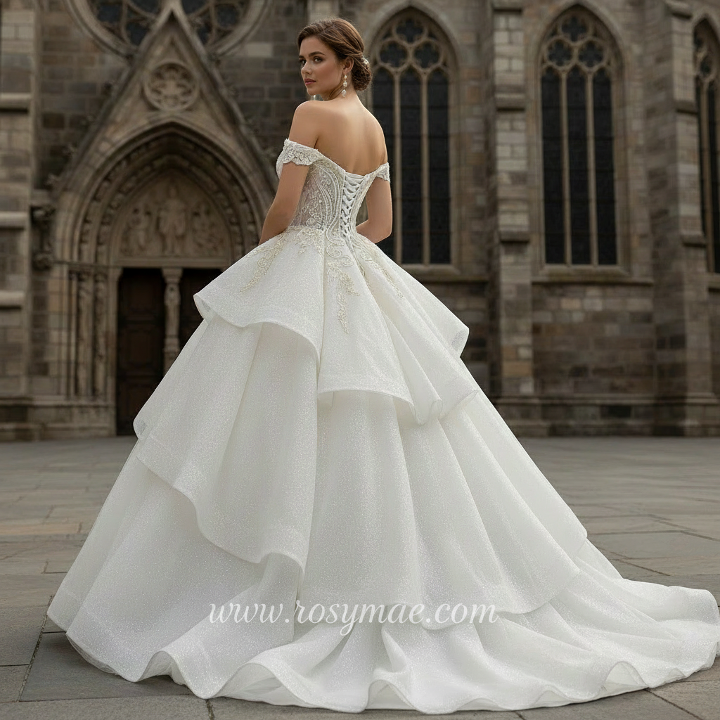 Vintage Off the Shoulder Tiered Ball Gown Wedding Dress Ivory / 8 Vintage Off the Shoulder Tiered Ball Gown Wedding Dress Ivory / 8
