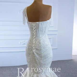 Vintage One Shoulder Cap Sleeve Lace Mermaid Wedding Dress - Rosymae