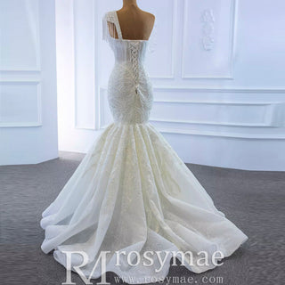 Vintage One Shoulder Cap Sleeve Lace Mermaid Wedding Dress - Rosymae