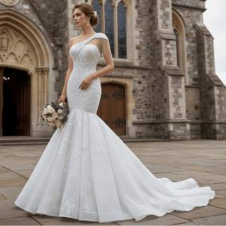 Vintage One Shoulder Cap Sleeve Lace Mermaid Wedding Dress - Rosymae