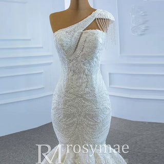 Vintage One Shoulder Cap Sleeve Lace Mermaid Wedding Dress - Rosymae