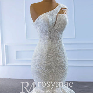 Vintage One Shoulder Cap Sleeve Lace Mermaid Wedding Dress - Rosymae
