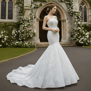 Vintage One Shoulder Cap Sleeve Lace Mermaid Wedding Dress - Rosymae