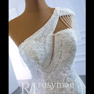 Vintage One Shoulder Cap Sleeve Lace Mermaid Wedding Dress - Rosymae