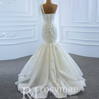 Vintage One Shoulder Cap Sleeve Lace Mermaid Wedding Dress - Rosymae