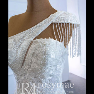 Vintage One Shoulder Cap Sleeve Lace Mermaid Wedding Dress - Rosymae