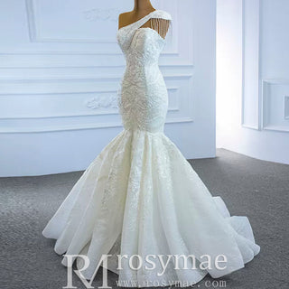 Vintage One Shoulder Cap Sleeve Lace Mermaid Wedding Dress - Rosymae