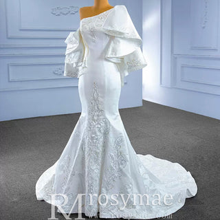 Vintage Satin Mermaid One Shoulder Wedding Dress with Ruffle Sleeves - Rosymae
