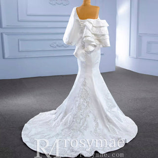 Vintage Satin Mermaid One Shoulder Wedding Dress with Ruffle Sleeves - Rosymae