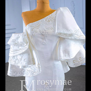 Vintage Satin Mermaid One Shoulder Wedding Dress with Ruffle Sleeves - Rosymae