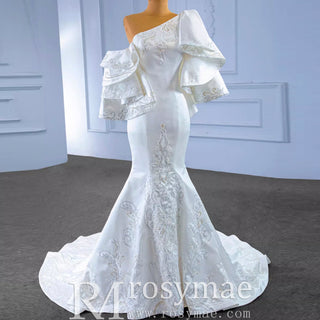 Vintage Satin Mermaid One Shoulder Wedding Dress with Ruffle Sleeves - Rosymae
