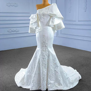 Vintage Satin Mermaid One Shoulder Wedding Dress with Ruffle Sleeves - Rosymae