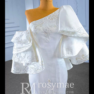 Vintage Satin Mermaid One Shoulder Wedding Dress with Ruffle Sleeves - Rosymae
