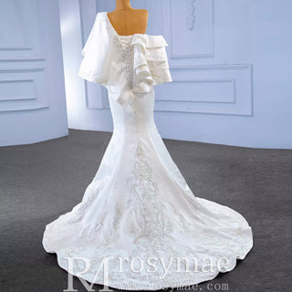 Vintage Satin Mermaid One Shoulder Wedding Dress with Ruffle Sleeves - Rosymae