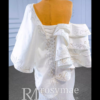 Vintage Satin Mermaid One Shoulder Wedding Dress with Ruffle Sleeves - Rosymae
