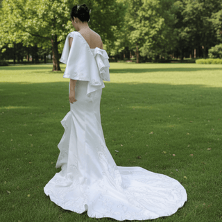 Vintage Satin Mermaid One Shoulder Wedding Dress with Ruffle Sleeves - Rosymae