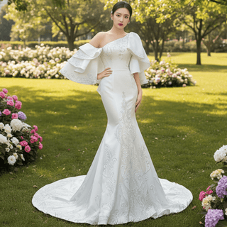Vintage Satin Mermaid One Shoulder Wedding Dress with Ruffle Sleeves - Rosymae