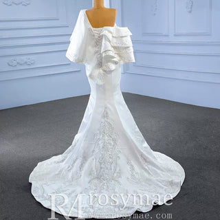 Vintage Satin Mermaid One Shoulder Wedding Dress with Ruffle Sleeves - Rosymae