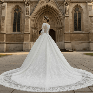 Vintage Sheer Back Half Sleeve Lace Wedding Dress with V-neck - Rosymae