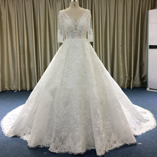Vintage Sheer Back Half Sleeve Lace Wedding Dress with V-neck - Rosymae