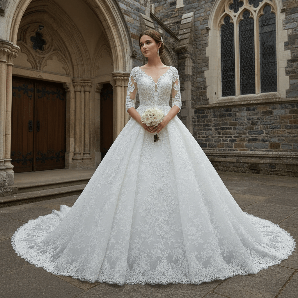 Vintage Sheer Back Half Sleeve Lace Wedding Dress with V-neck - Rosymae
