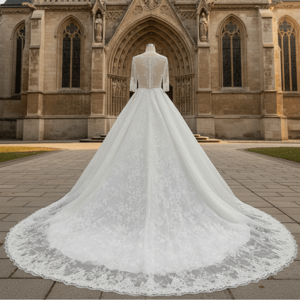 Vintage Sheer Back Half Sleeve Lace Wedding Dress with V-neck - Rosymae
