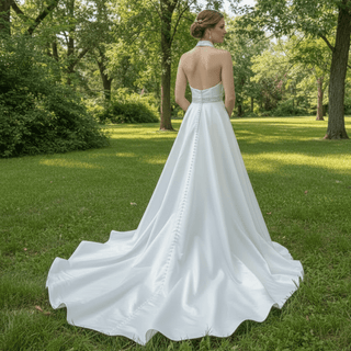 Vintage Simple Satin Halter Neck Wedding Dresses With Open Back - Rosymae