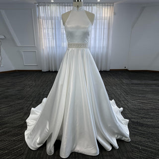 Vintage Simple Satin Halter Neck Wedding Dresses With Open Back - Rosymae