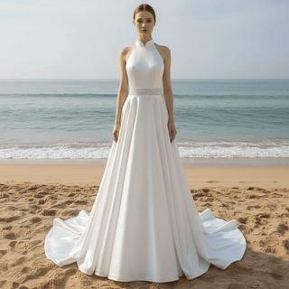 Vintage Simple Satin Halter Neck Wedding Dresses With Open Back - Rosymae