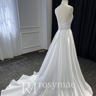 Vintage Simple Satin Halter Neck Wedding Dresses With Open Back - Rosymae
