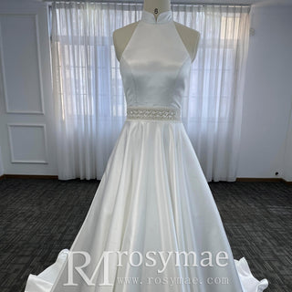 Vintage Simple Satin Halter Neck Wedding Dresses With Open Back - Rosymae
