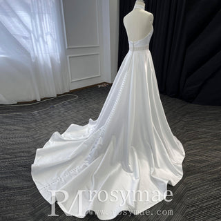Vintage Simple Satin Halter Neck Wedding Dresses With Open Back - Rosymae