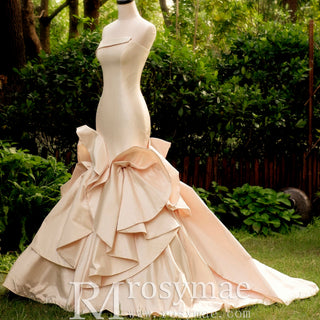 Vintage Style Asymmetrical Neck Champagne Wedding Dresses with Ruffle Skirt - Rosymae