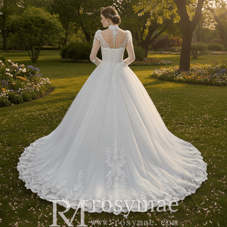 Vintage-Style High-Neck Royal Ball Gown Wedding Dress with Baroque Lace Appliqués - Rosymae