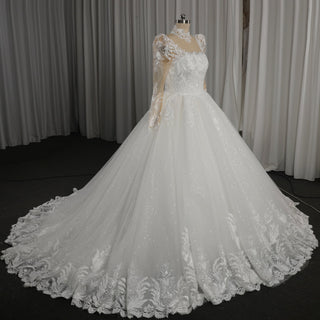 Vintage-Style High-Neck Royal Ball Gown Wedding Dress with Baroque Lace Appliqués - Rosymae