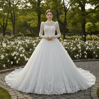 Vintage-Style High-Neck Royal Ball Gown Wedding Dress with Baroque Lace Appliqués - Rosymae