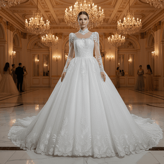 Vintage-Style High-Neck Royal Ball Gown Wedding Dress with Baroque Lace Appliqués - Rosymae