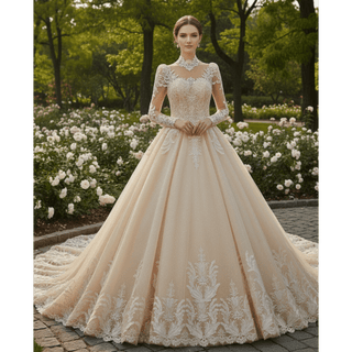 Vintage-Style High-Neck Royal Ball Gown Wedding Dress with Baroque Lace Appliqués - Rosymae