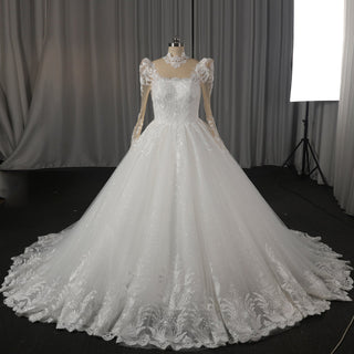 Vintage-Style High-Neck Royal Ball Gown Wedding Dress with Baroque Lace Appliqués - Rosymae