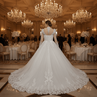 Vintage-Style High-Neck Royal Ball Gown Wedding Dress with Baroque Lace Appliqués - Rosymae