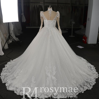 Vintage-Style High-Neck Royal Ball Gown Wedding Dress with Baroque Lace Appliqués - Rosymae