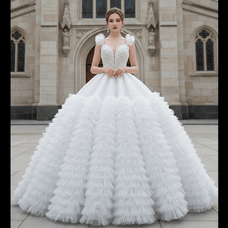 Vintage Tiered Ruffle Puffy Wedding Dress Princess Bridal Gown White / 6