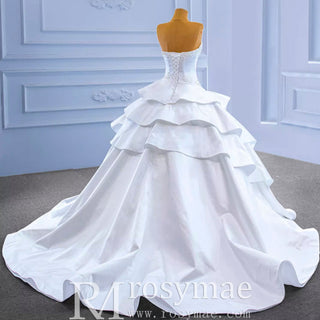 Vintage Tiered Ruffle Satin Wedding Dress Ball Gown with Sweetheart - Rosymae