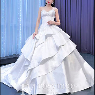 Vintage Tiered Ruffle Satin Wedding Dress Ball Gown with Sweetheart - Rosymae