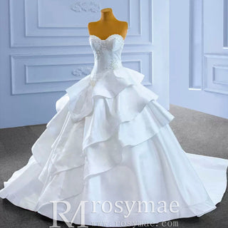 Vintage Tiered Ruffle Satin Wedding Dress Ball Gown with Sweetheart - Rosymae