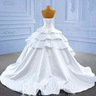 Vintage Tiered Ruffle Satin Wedding Dress Ball Gown with Sweetheart - Rosymae