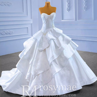 Vintage Tiered Ruffle Satin Wedding Dress Ball Gown with Sweetheart - Rosymae