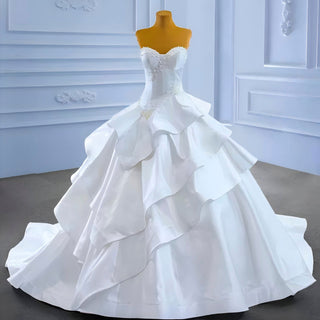 Vintage Tiered Ruffle Satin Wedding Dress Ball Gown with Sweetheart - Rosymae